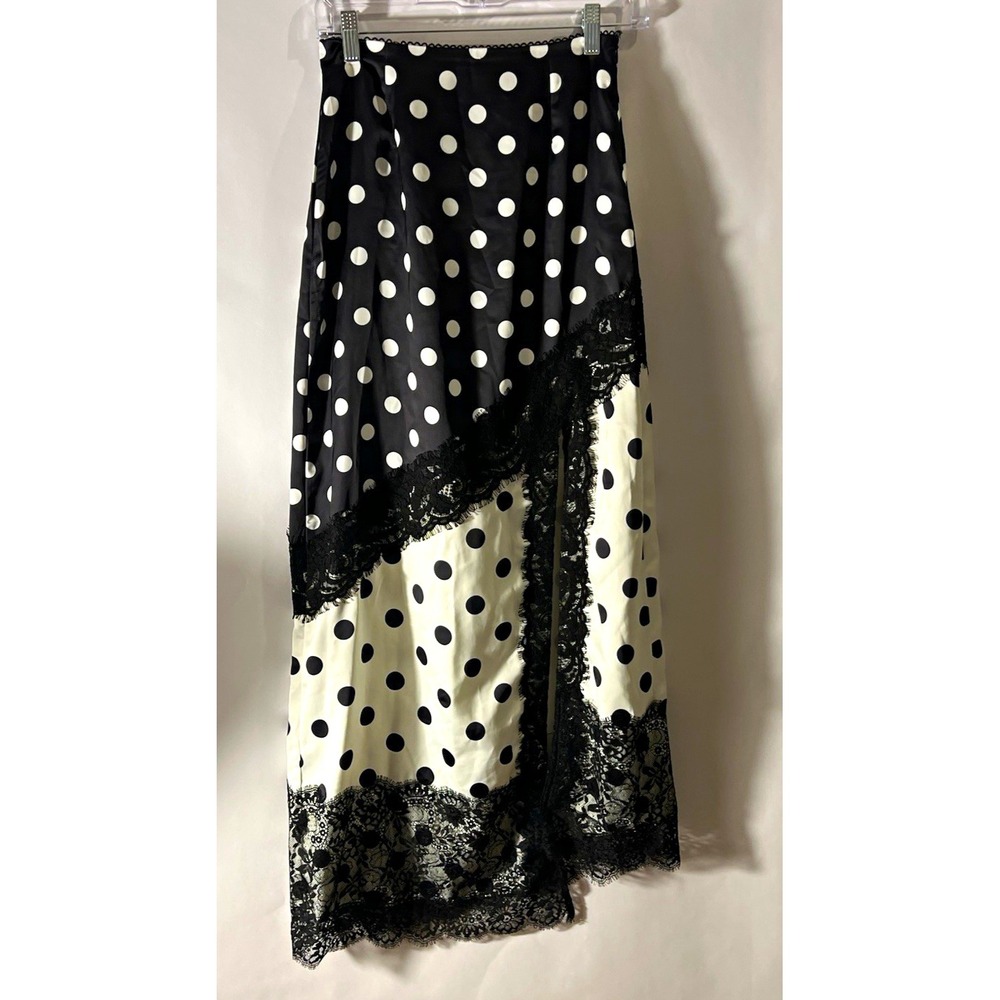 Wmns Small Black White Polka Dot Satin Slip Skirt Lace Trim Romantic Royalcore
